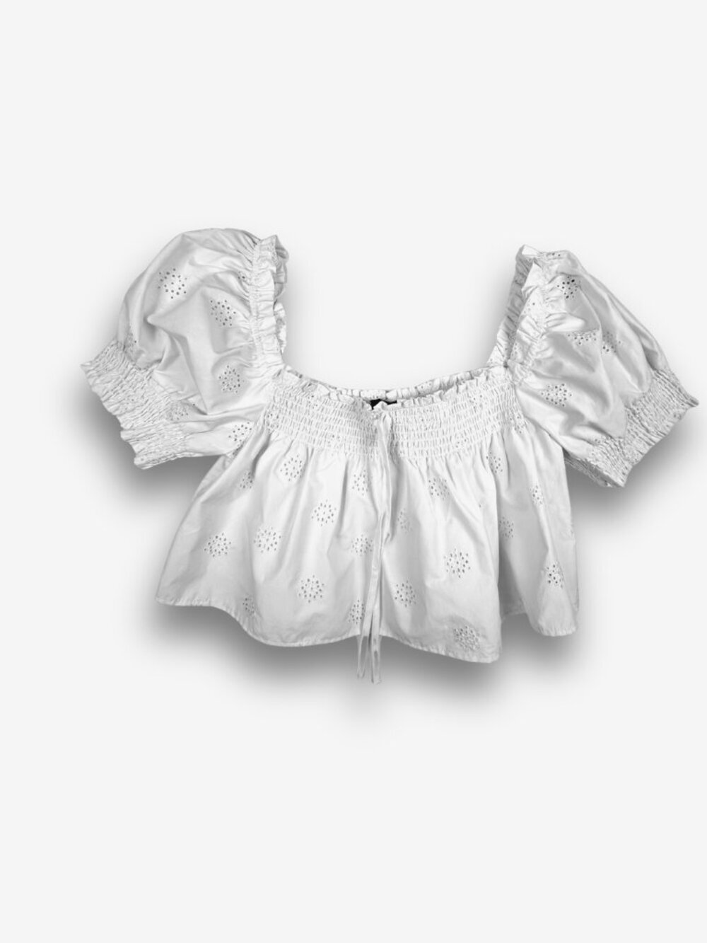 Forever 21 Crop Top White Eyelet Puff Sleeve Off Shoulder Smocked Cotton Blend L